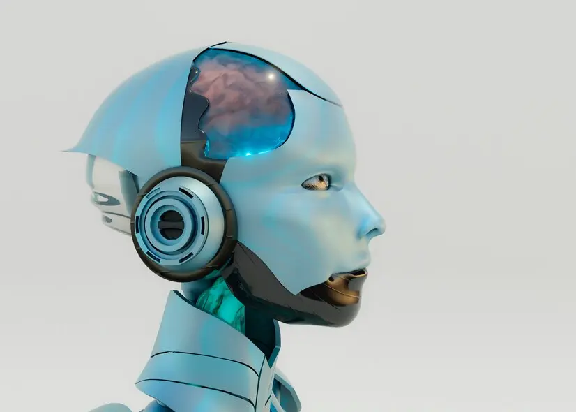 3D rendering of a humanoid robot with a visible brain and headset, representing artificial intelligence.